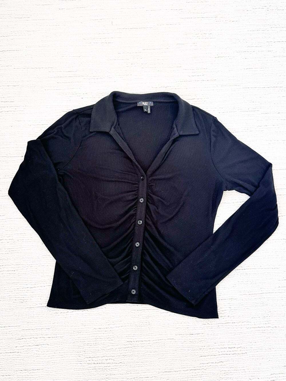PAIGE Lafayette Size XL Black Ruched Top Button Down Dark Academia Preppy Casual - Picture 15 of 15